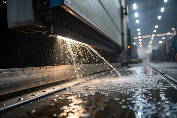 Close-up of a high-velocity air curtain visible as it exits a narrow slot air knife nozzle over a wet metal surface