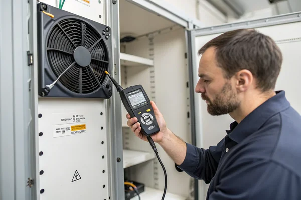 Engineer using a handheld anemometer to measure airflow at the outlet of an electronics enclosure with a mounted fan