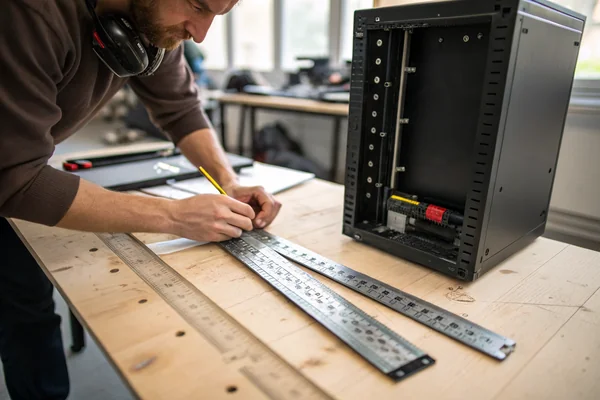 Technician measuring mounting hole spacing on a PC case side panel with a ruler before installing a 200mm fan