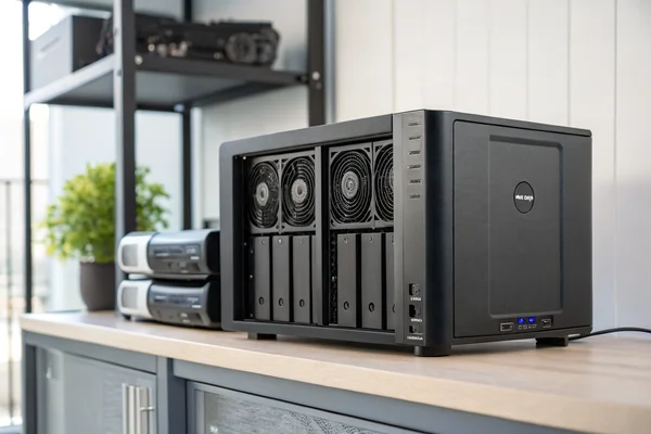 Compact NAS enclosure with multiple drive bays visible, small quiet case fans mounted at the rear for continuous airflow
