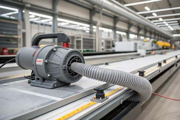DC brushless blower connected via ducting to a narrow slot air knife nozzle positioned over a moving conveyor line