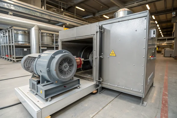 DC brushless blower with heat-resistant housing mounted inside an industrial drying oven chassis, ductwork visible