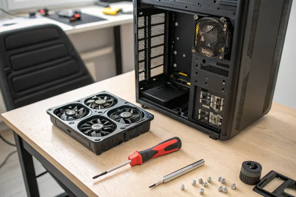 Small parts tray with case fan mounting screws and a Phillips screwdriver laid out next to an open PC case