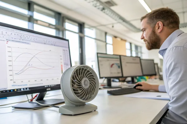 Engineer reviewing P-Q performance curves for forward-curved and backward-curved blower options on a computer screen