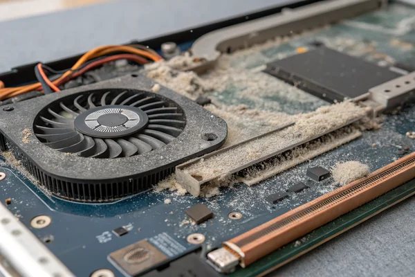 Close-up of a laptop's internal heat sink fin stack clogged with dust and lint, positioned next to the small blower fan