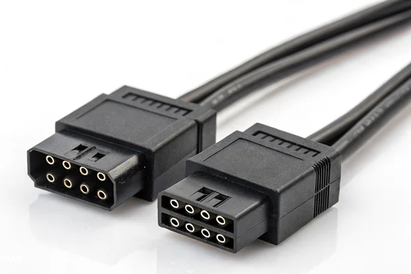 Close-up of two matching black multi-pin fan cable connectors placed side by side on a white background, showing identical connector shape