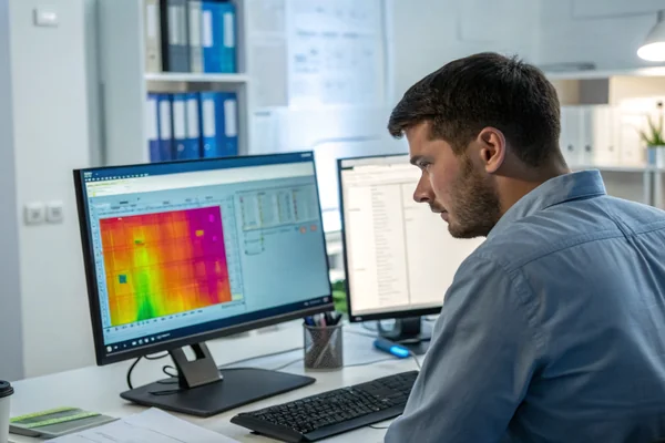 Engineer reviewing thermal simulation results for drive bay airflow distribution on a computer screen during NAS enclosure design