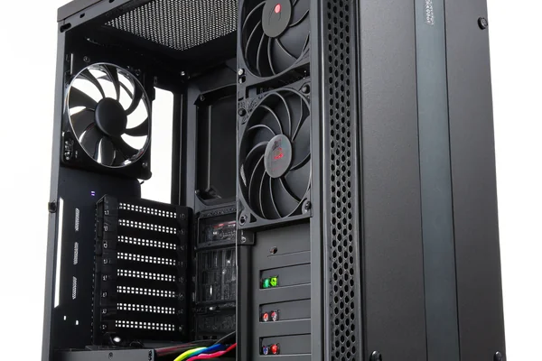 Open mid-tower PC case showing intake fans on the front panel and exhaust fans on the rear and top panel, cables neatly routed