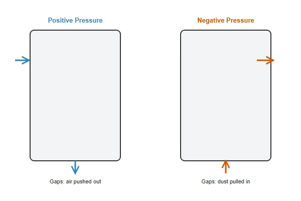 Diagram showing airflow direction through unfiltered case gaps under positive pressure versus negative pressure PC case configurations