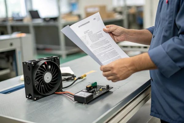 Technician reviewing a material composition document next to a DC cooling fan on a quality inspection desk