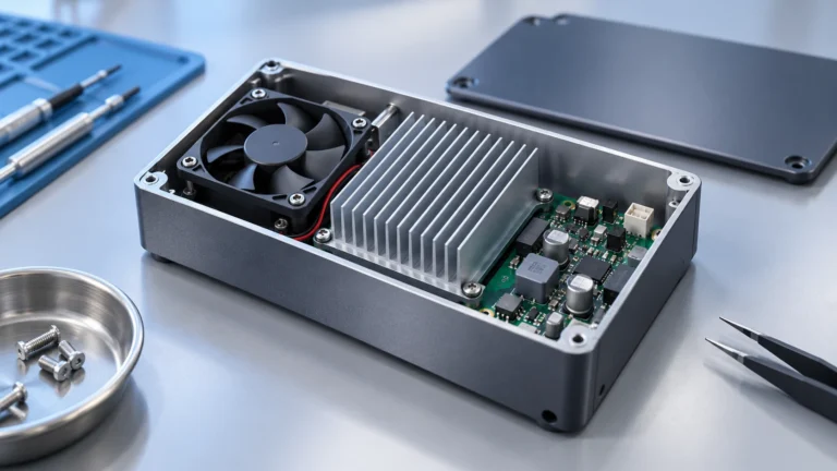 Embedded electronics enclosure with an axial fan and heat sink