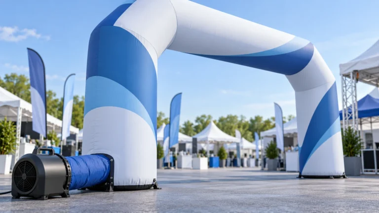 Inflatable event arch supplied by a blower at its base