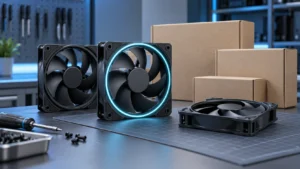 PC case cooling fans beside unbranded OEM packaging cartons