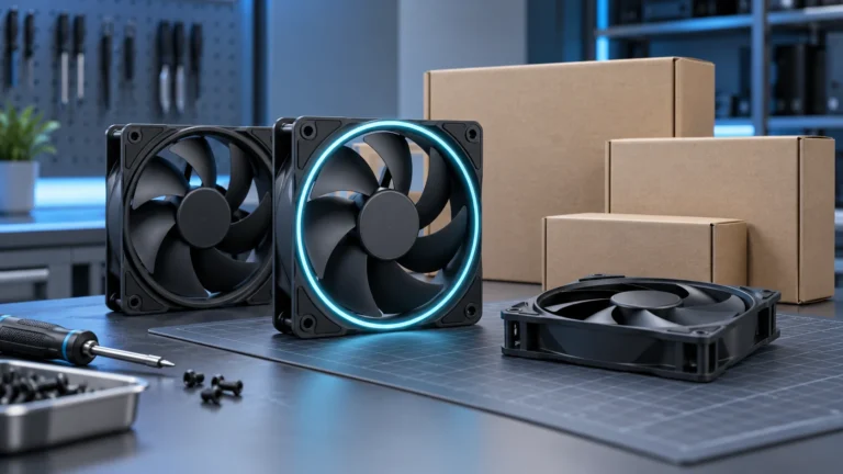 PC case cooling fans beside unbranded OEM packaging cartons