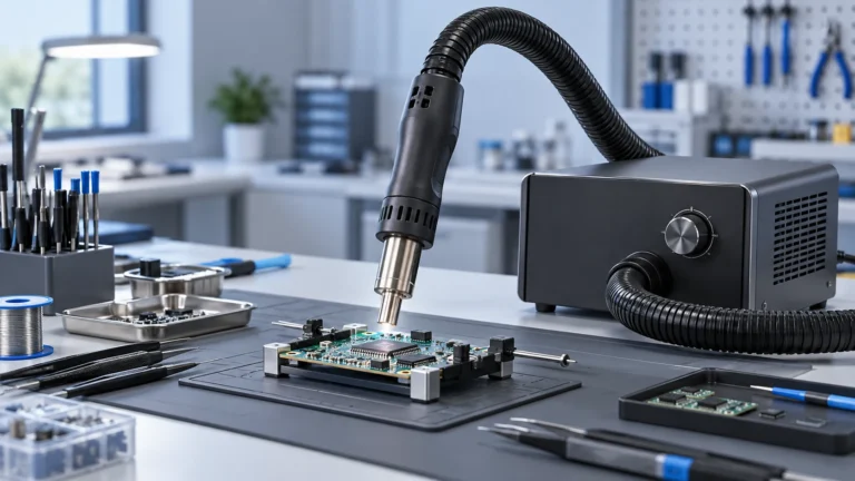 Hot air rework station and nozzle above a circuit board